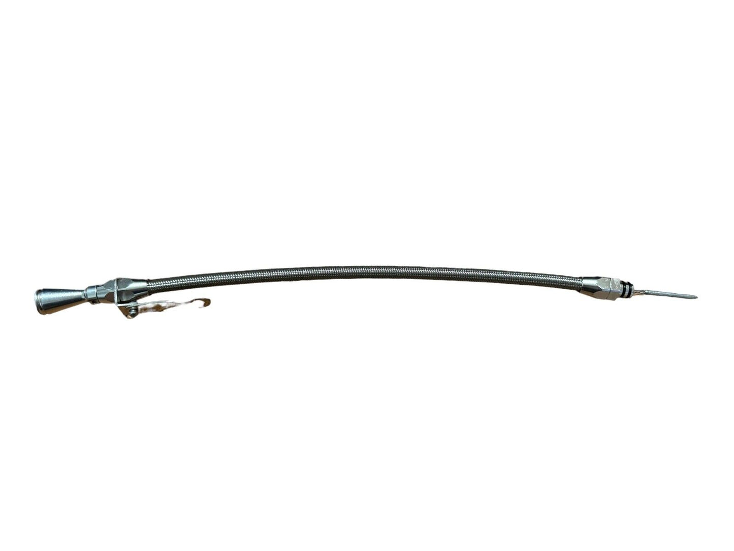 Billet aluminum JZ engine steel braided oil dipstick for 1JZ and 2JZ Supra swaps, by JackSpania Racing.