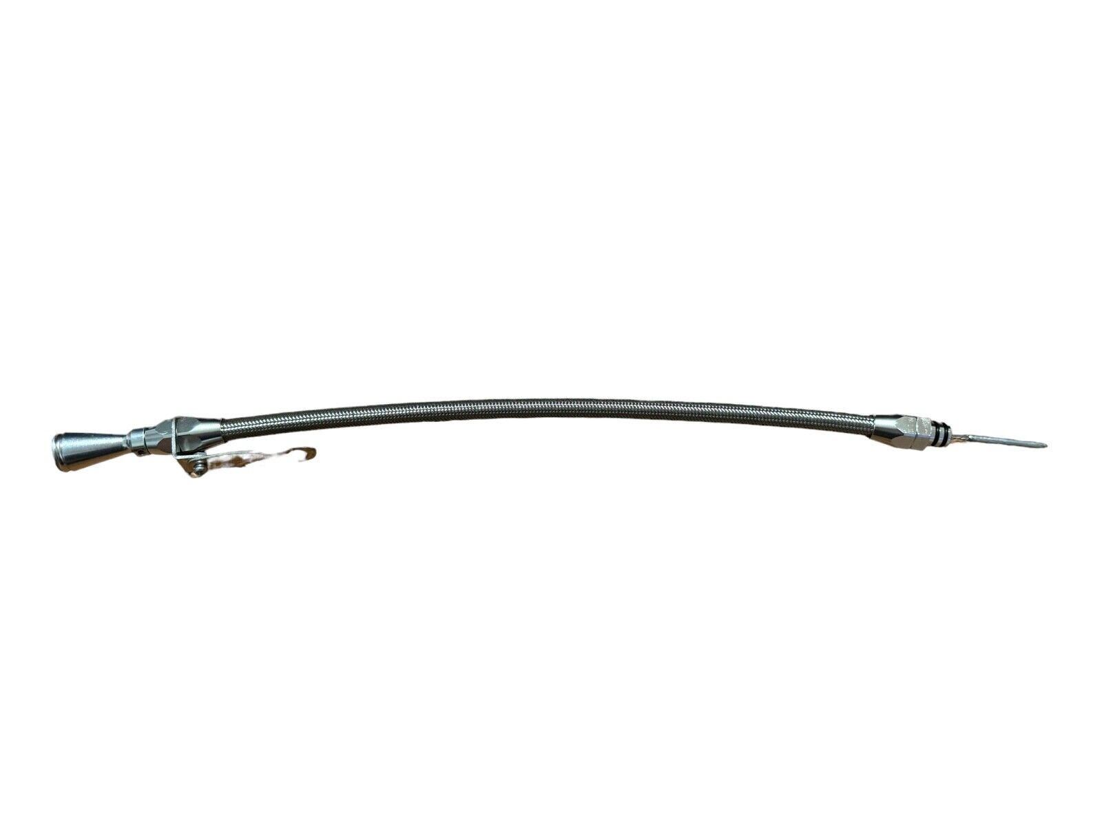 Billet aluminum JZ engine steel braided oil dipstick for 1JZ and 2JZ Supra swaps, by JackSpania Racing.