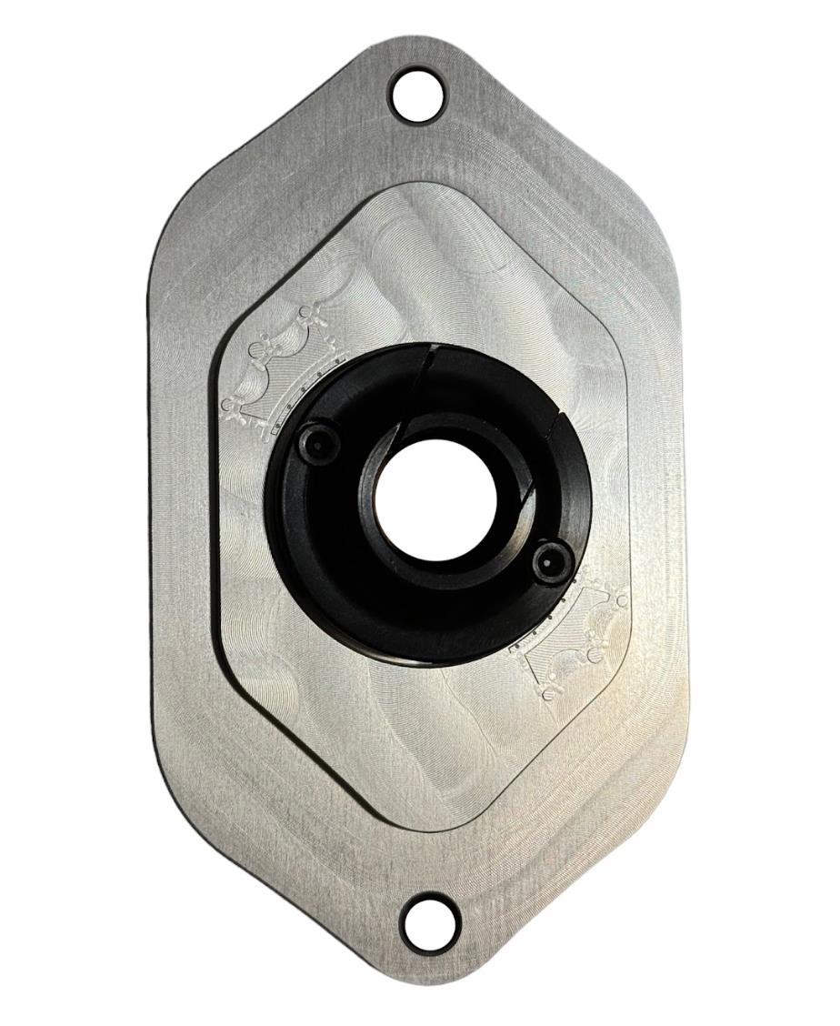 Billet aluminum block off plate for firewall engine harness on Honda Civic EK, by JackSpania Racing, showing a sleek metal component.