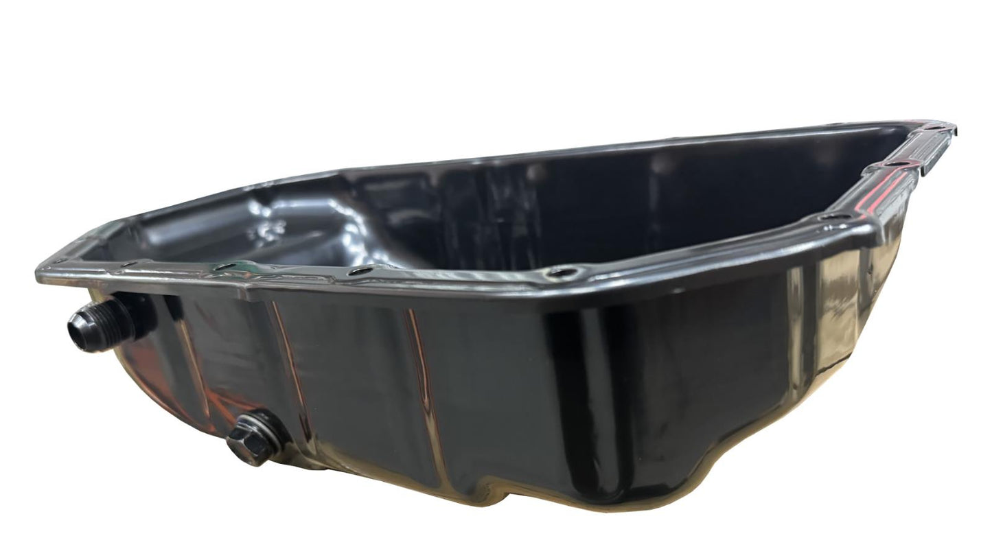 JackSpania Racing K Series oil pan with 10AN fittings for Honda Acura K20 K24 engines, compatible with RSX, Civic, EG, EK, and DC2 models.