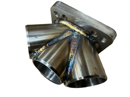 Stainless steel 6-1 turbo merge collector by JackSpania Racing, T3 T4 flange, 3mm thick, TIG welded engine part with polished finish.