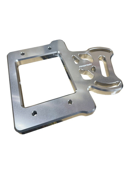 Billet aluminum staging brake mounting plate for B & D series engines by JackSpania Racing, with mounting holes and polished finish.