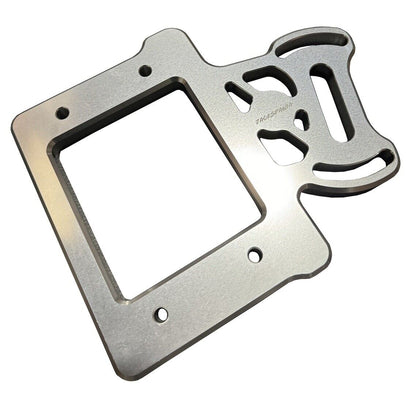 JackSpania Racing billet aluminum staging brake mounting plate for B & D series engine parts, showing precise machined surface and mounting holes.