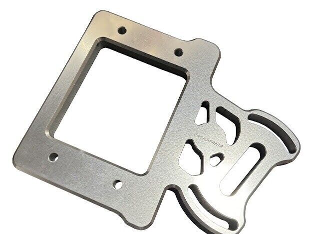 Billet aluminum staging brake mounting plate for B & D series engines from JackSpania Racing, shown with mounting holes and finish.