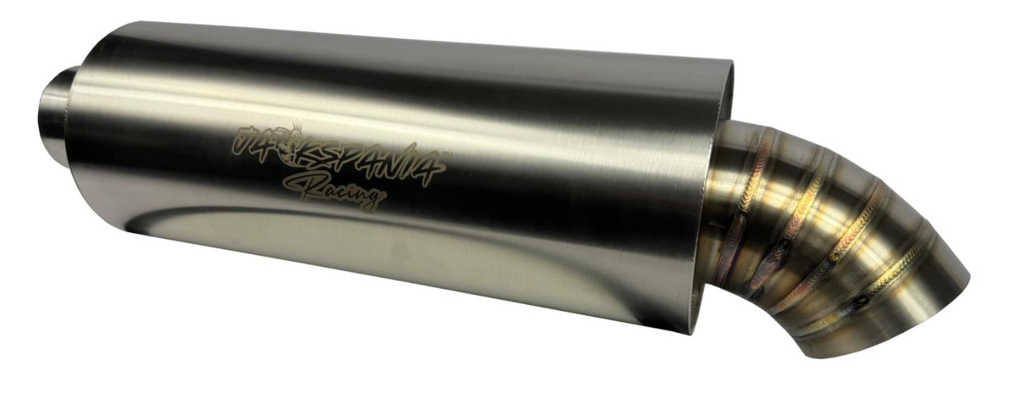 Stainless steel 2.5" and 3" inlet turn down pie cut dolphin muffler exhaust part by JackSpania Racing, showing the polished metal surface.