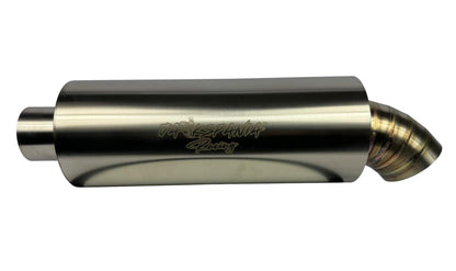 Stainless steel JackSpania Racing 2.5" and 3" inlet turn down pie cut dolphin muffler exhaust part showing polished finish and inlet connections.