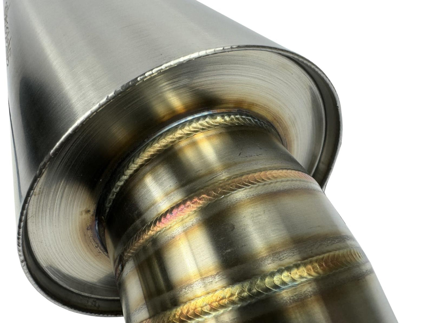 Stainless steel 2.5" and 3" inlet turn down pie cut dolphin muffler exhaust part by JackSpania Racing, showcasing polished metal and welds.