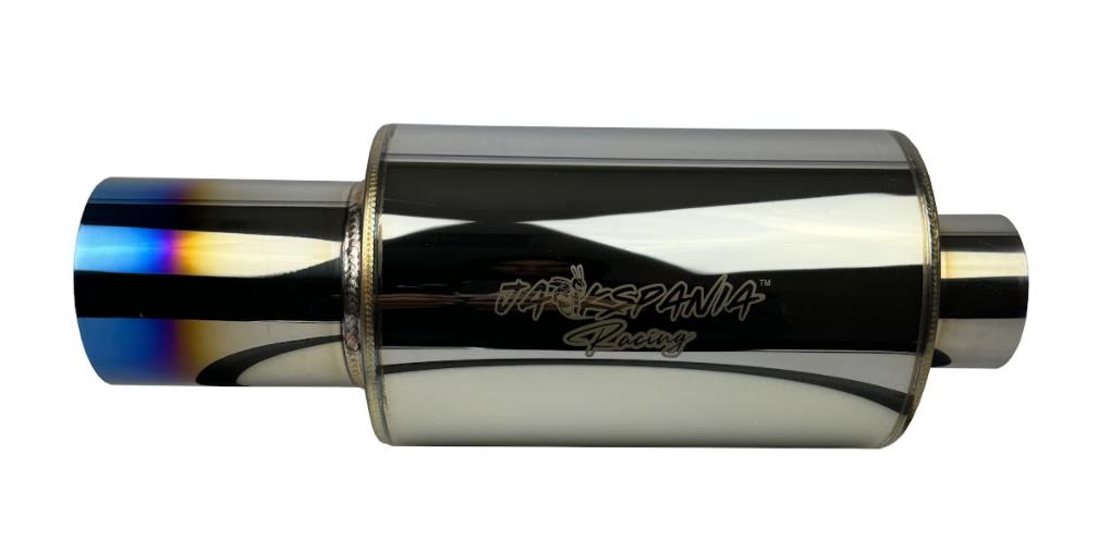 Polished stainless steel JackSpania Racing N1 Hi Power style muffler with 3-inch inlet, 4-inch outlet, and burnt tip exhaust tip.