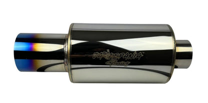 Polished stainless steel JackSpania Racing N1 Hi Power style muffler with 3-inch inlet, 4-inch outlet, and burnt tip exhaust tip.