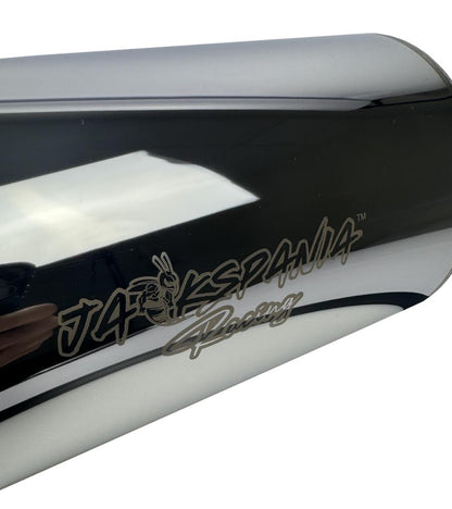 Polished stainless steel N1 Hi Power style muffler with 3-inch inlet, 4-inch outlet, and burnt tip from JackSpania Racing exhaust parts.