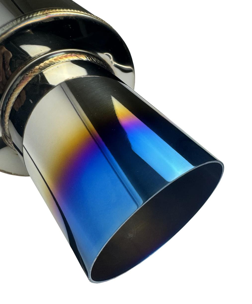 Polished stainless steel N1 Hi Power style muffler with 3-inch inlet, 4-inch outlet, and burnt tip for exhaust performance.