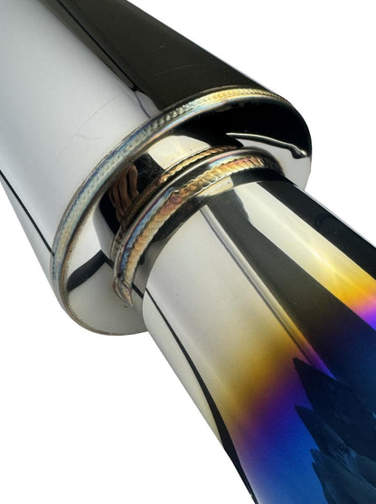 JackSpania Racing polished stainless steel N1 Hi Power style muffler with 3-inch inlet, 4-inch outlet, and burnt tip for exhaust systems.