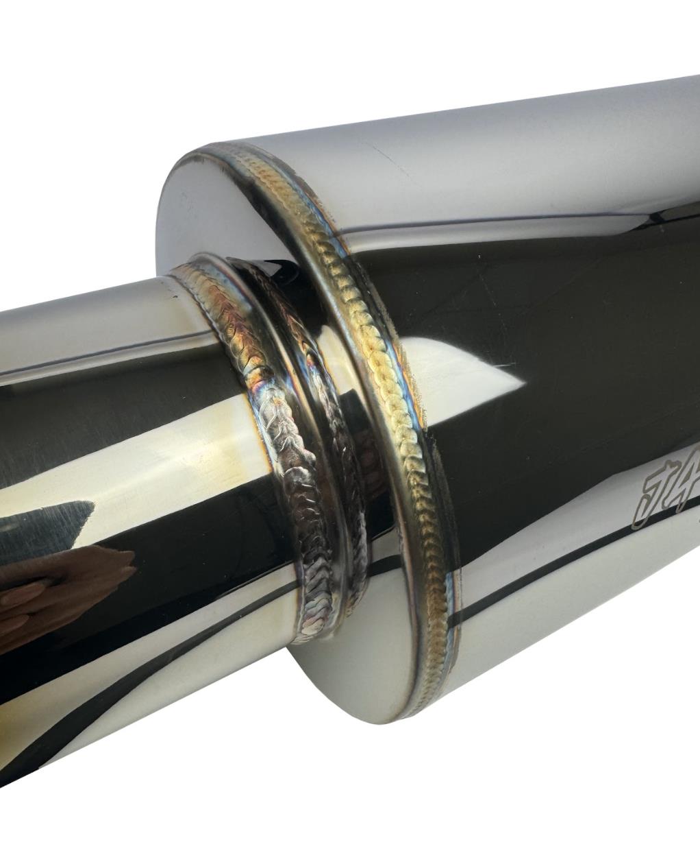 Polished stainless steel N1 Hi Power style muffler with 3-inch inlet, 4-inch outlet, and burnt tip for exhaust systems by JackSpania Racing.