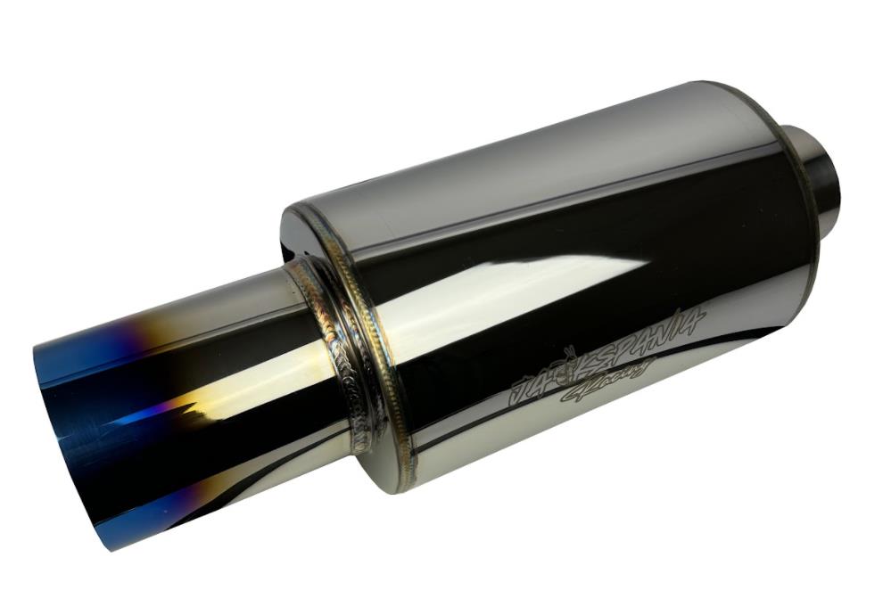 Polished stainless steel N1 Hi Power style muffler with 3-inch inlet and 4-inch burnt tip outlet for exhaust parts by JackSpania Racing