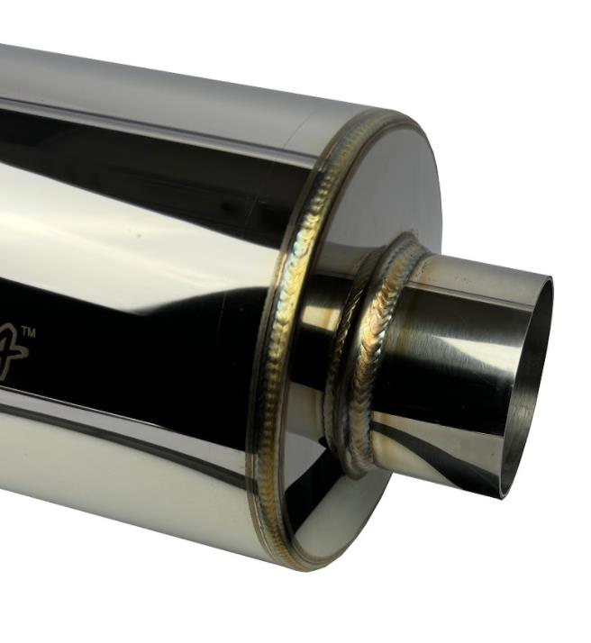 Polished stainless steel N1 Hi Power style muffler with 3-inch inlet, 4-inch outlet, and burnt tip for exhaust performance.