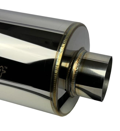 Polished stainless steel N1 Hi Power style muffler with 3-inch inlet, 4-inch outlet, and burnt tip for exhaust performance.
