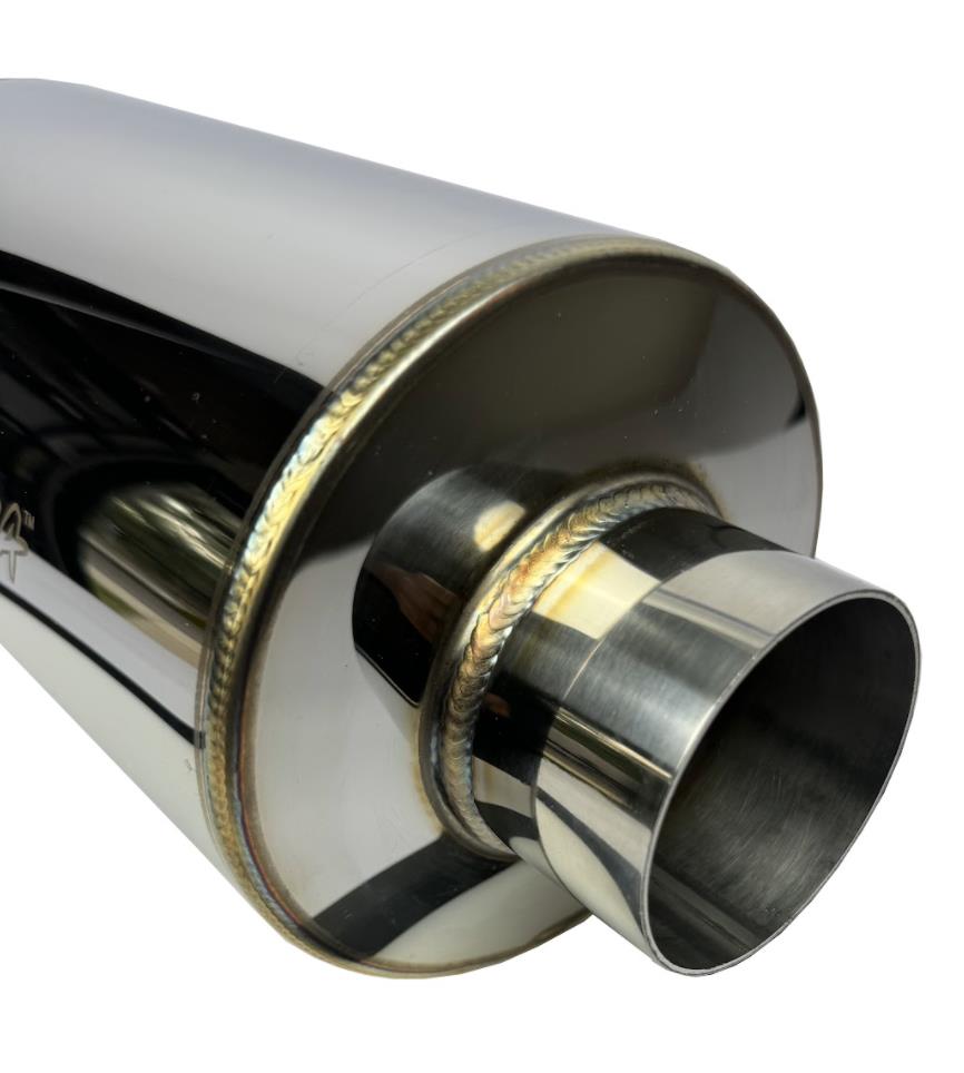 Polished stainless steel JackSpania Racing N1 Hi Power style muffler with 3-inch inlet, 4-inch outlet, and burnt tip for exhaust systems