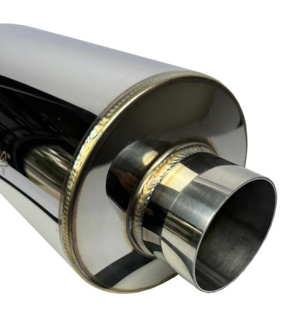 Polished stainless steel JackSpania Racing N1 Hi Power style muffler with 3-inch inlet, 4-inch outlet, and burnt tip for exhaust systems