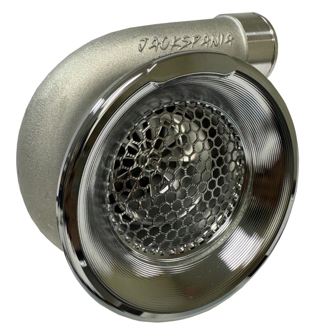 JackSpania Racing billet 4-inch turbo inlet guard with velocity stack adapter and bellmouth for engine performance enhancement.