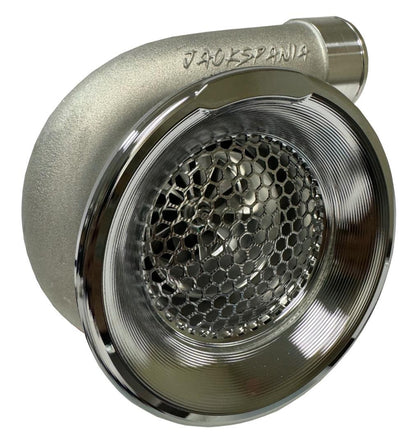 JackSpania Racing billet 4-inch turbo inlet guard with velocity stack adapter and bellmouth for engine performance enhancement.