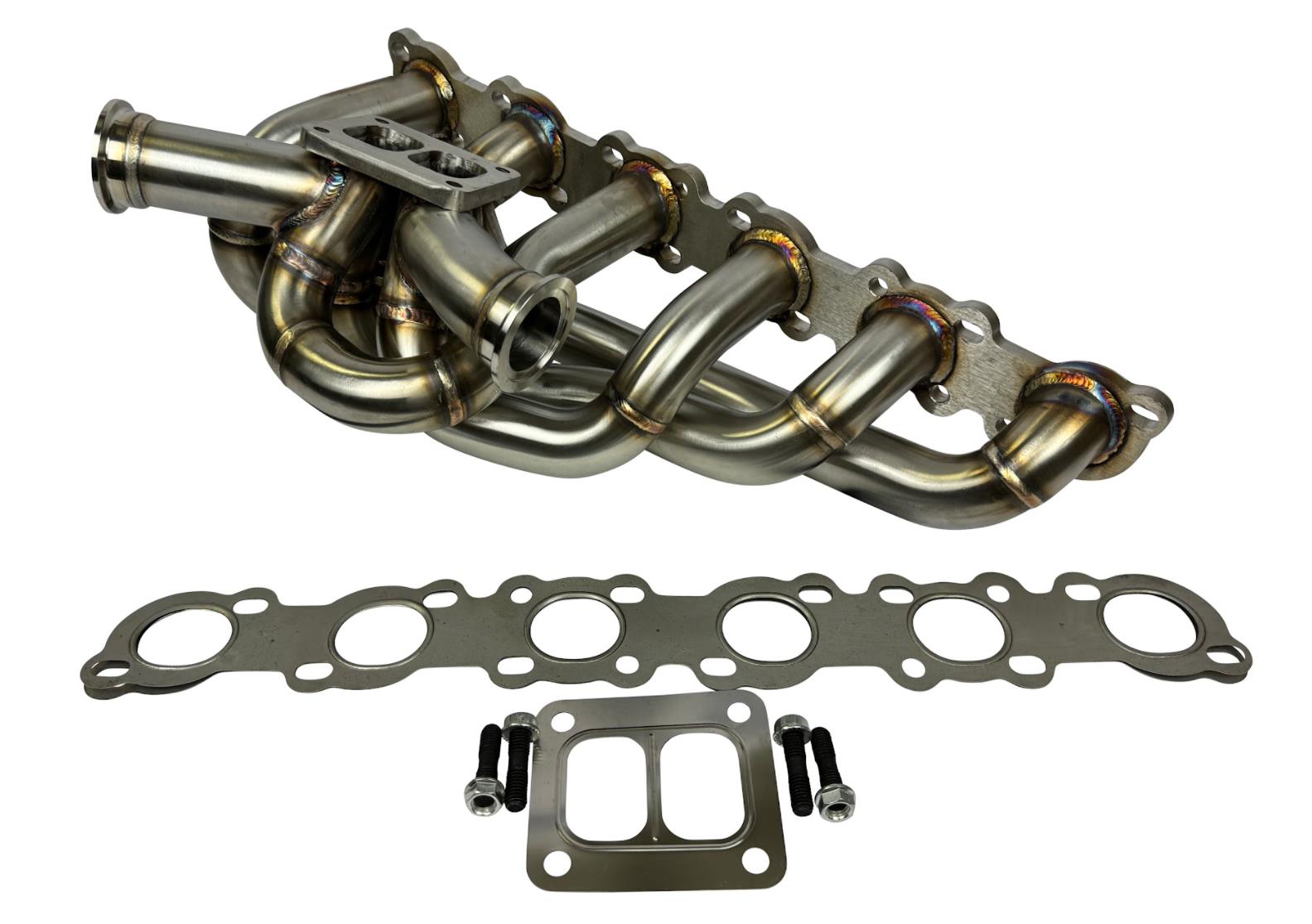 JackSpania Racing RB20 RB25 RB26 T4 top mount turbo manifold for Nissan GTR, featuring 44mm twin scroll exhaust design.