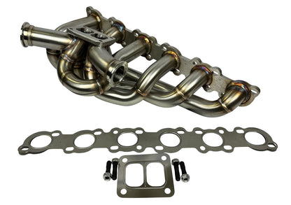 JackSpania Racing RB20 RB25 RB26 T4 top mount turbo manifold for Nissan GTR, featuring 44mm twin scroll exhaust design.