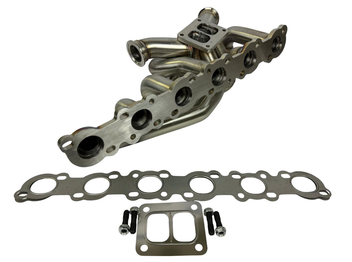 JackSpania Racing RB20 RB25 RB26 T4 top mount turbo manifold for Nissan GTR, featuring 44mm twin scroll exhaust design.