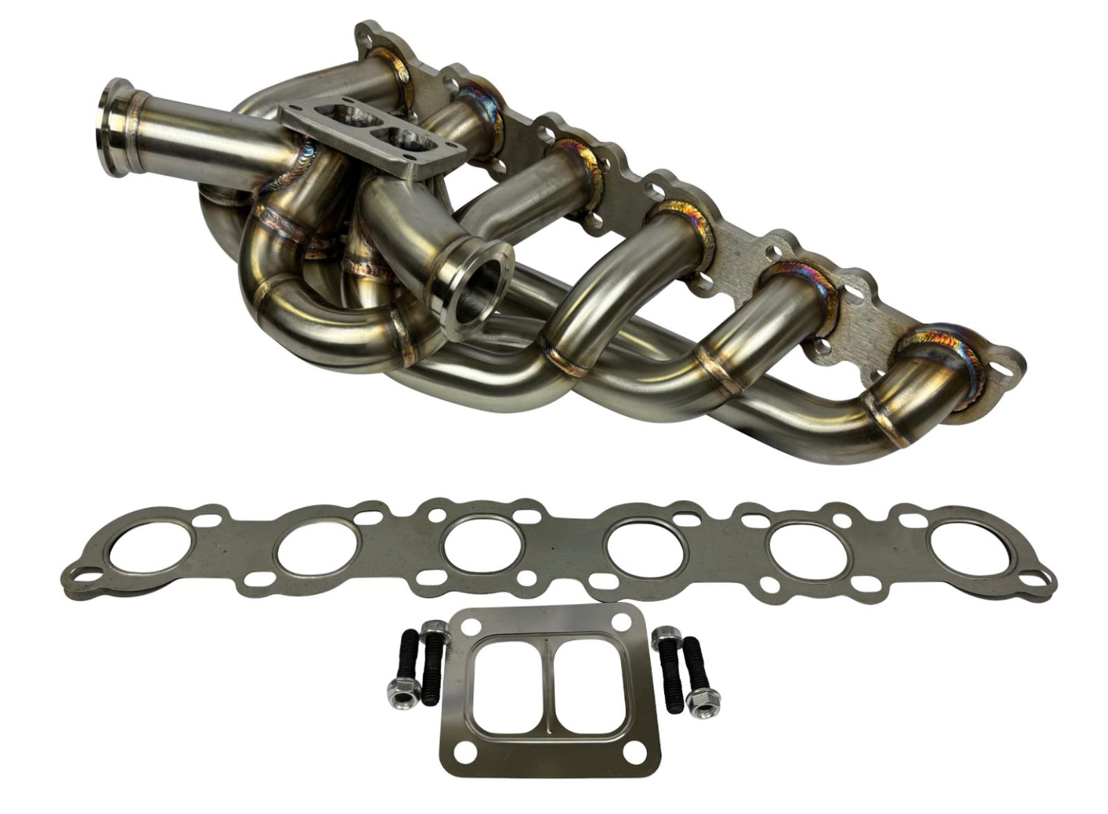 JackSpania Racing RB20 RB25 RB26 T4 top mount turbo manifold for Nissan GTR, 44mm twin scroll exhaust part with ceramic finish.