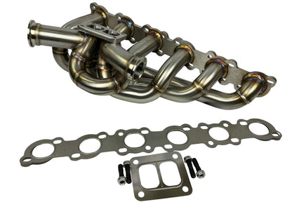 JackSpania Racing RB20 RB25 RB26 T4 top mount turbo manifold for Nissan GTR, featuring 44mm twin scroll exhaust design.