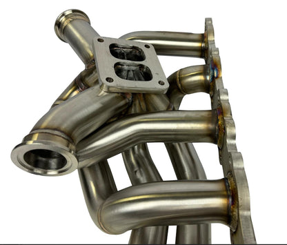 JackSpania Racing RB20 RB25 RB26 T4 top mount turbo manifold for Nissan GTR, featuring 44mm twin scroll exhaust ports.