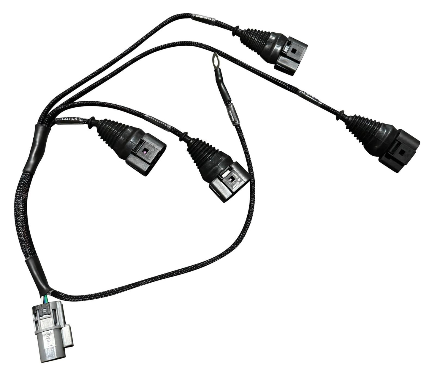 Red top coil conversion harness for SR20DET engine by JackSpania Racing, designed for VW and Audi R8 coil pack installation.