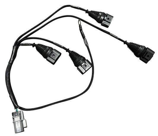 Red top coil conversion harness for SR20DET engine by JackSpania Racing, designed for VW and Audi R8 coil pack installation.