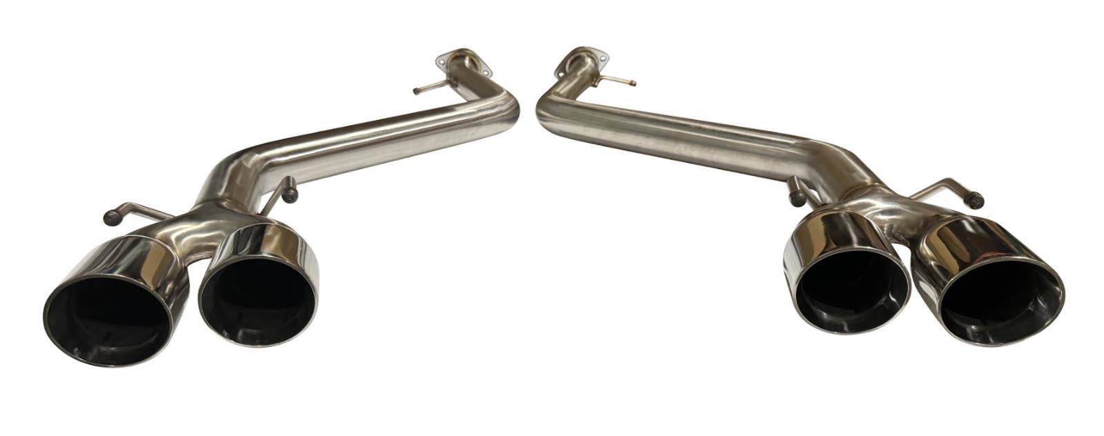 JackSpania Racing quad tip axle back delete exhaust muffler for Lexus IS and RC models, featuring chrome tips and sleek design.