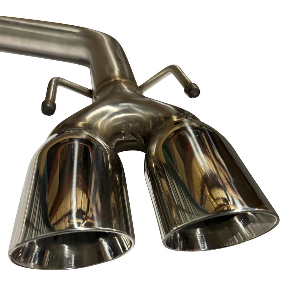 Quad tip axle back delete exhaust muffler for Lexus IS300, IS350, RC200t, RC300, RC350 by JackSpania Racing, showing the polished tips.