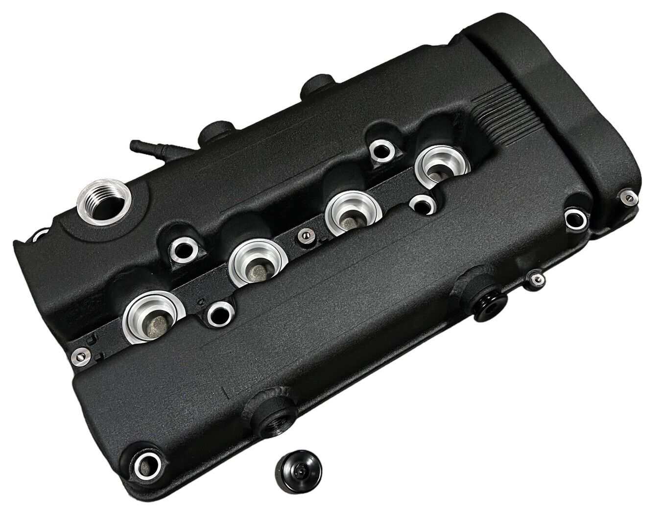JackSpania Racing B Series vented valve cover baffle for Honda B16 B18 VTEC engines, with AN10 fitting for engine performance.