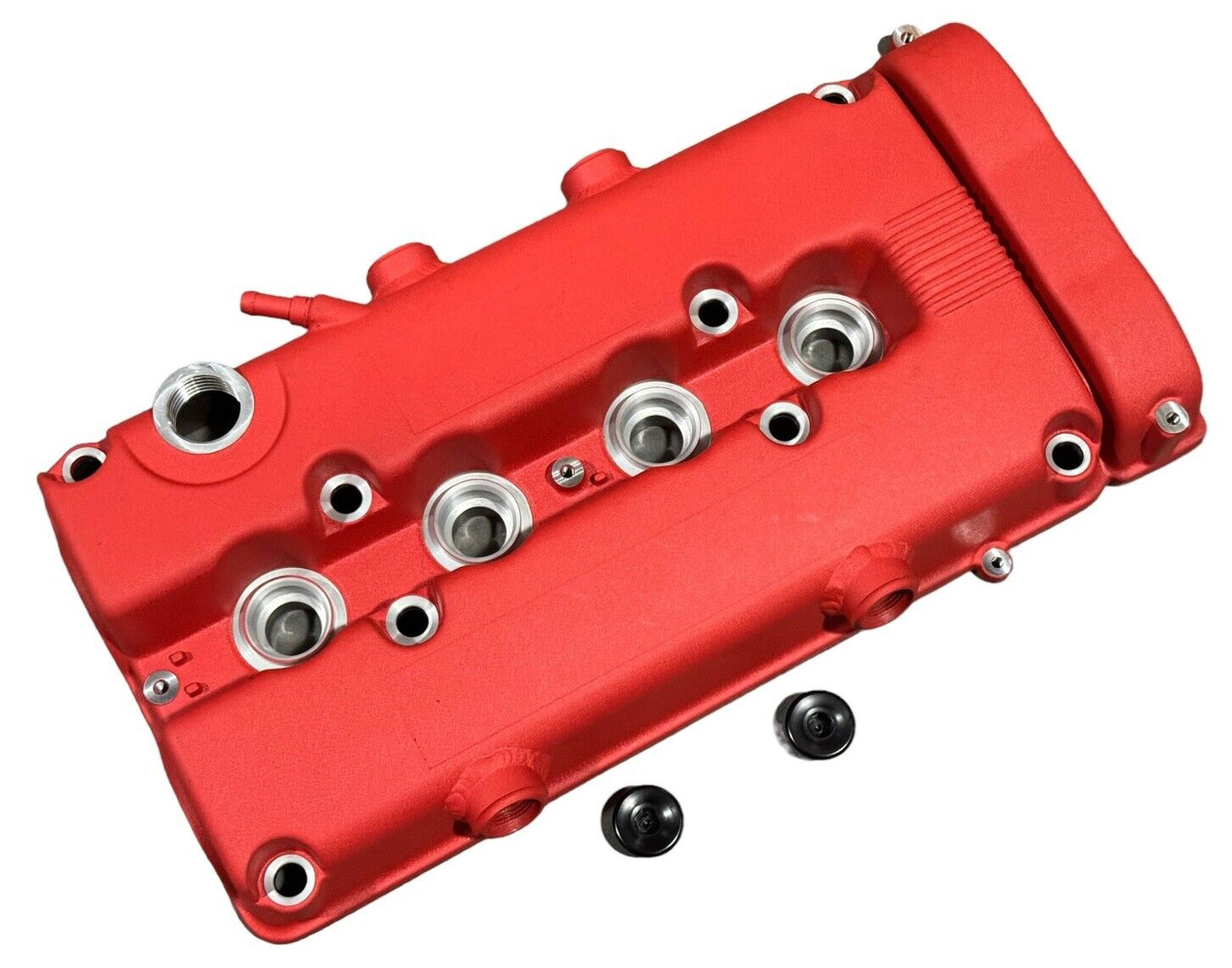 JackSpania Racing B Series vented valve cover baffle for Honda Acura B16 B18 VTEC engine, with AN10 fittings and DOHC design.