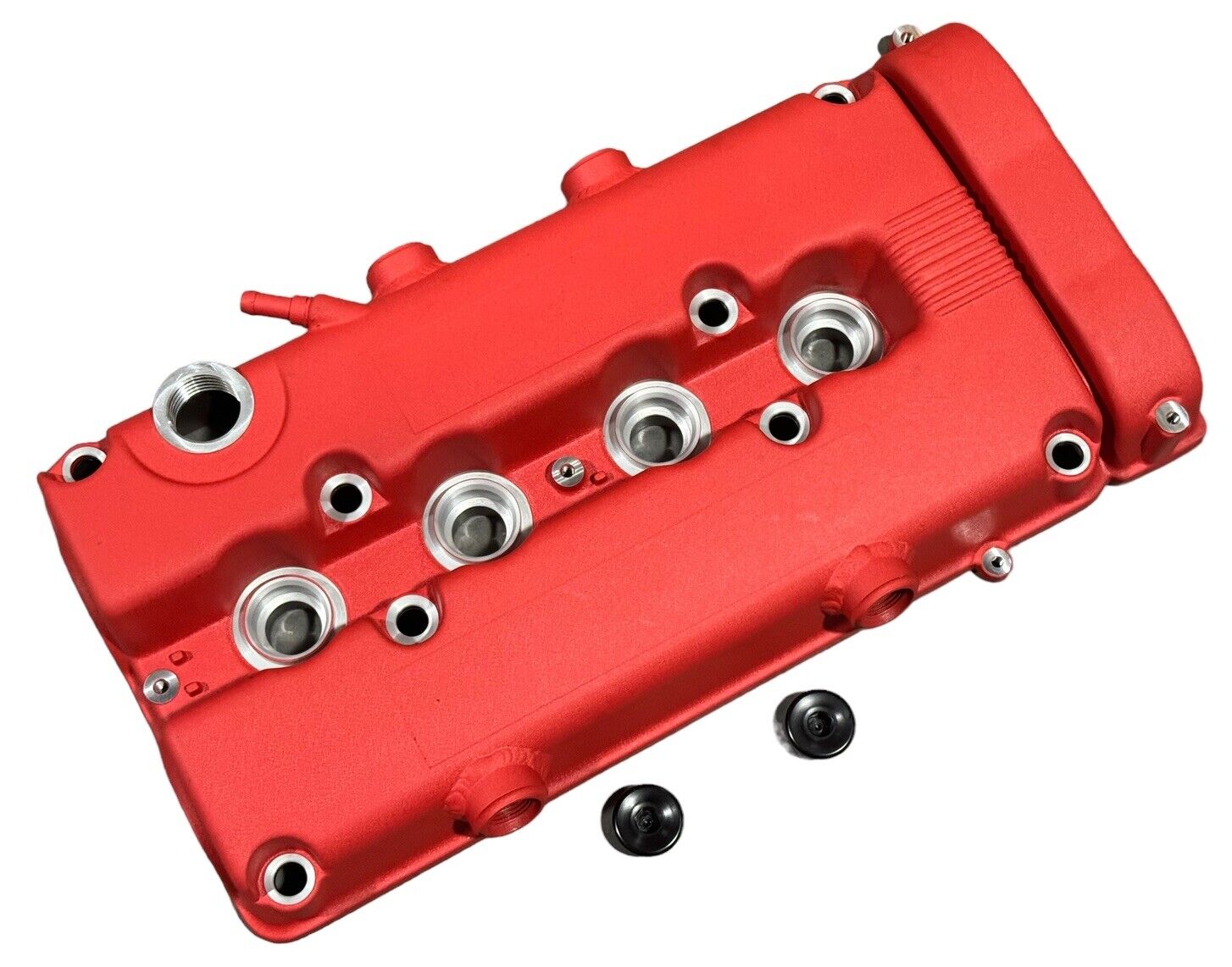 JackSpania Racing B Series vented valve cover baffle for Honda Acura B16 B18 VTEC engine, with AN10 fittings and DOHC design.