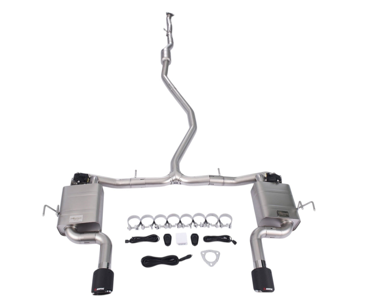 Honda Civic 1.5T sedan valved cat-back exhaust system by JackSpania Racing, showing polished metal pipes and dual exhaust tips.