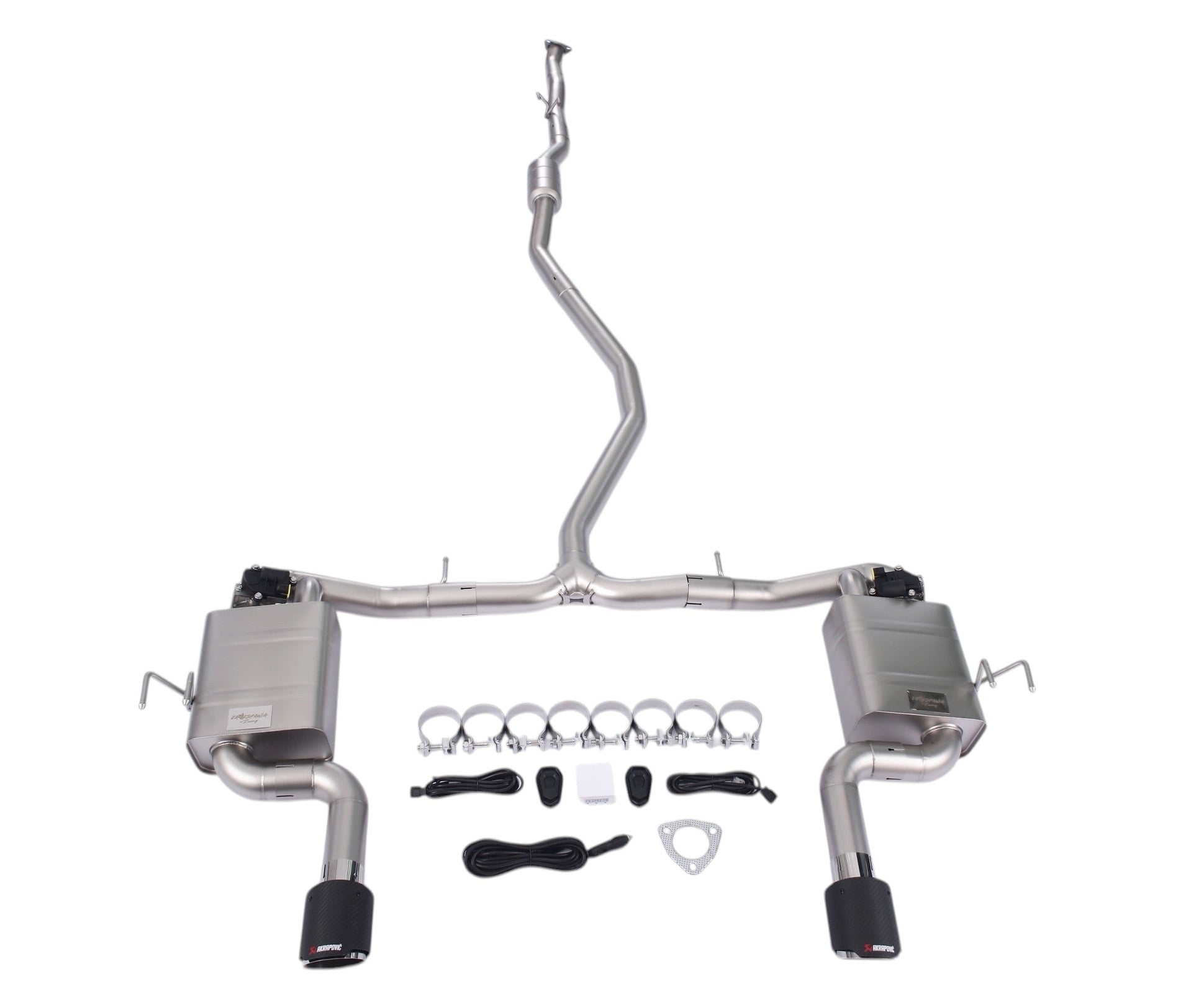 Honda Civic 1.5T sedan valved cat-back exhaust system by JackSpania Racing, showing polished metal pipes and dual exhaust tips.