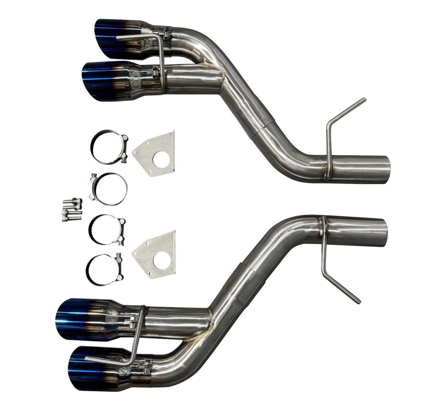 Stainless steel axle back delete muffler removal for Chevy Camaro SS ZL1 V8 2016-2023, by JackSpania Racing, showing exhaust pipe detail.