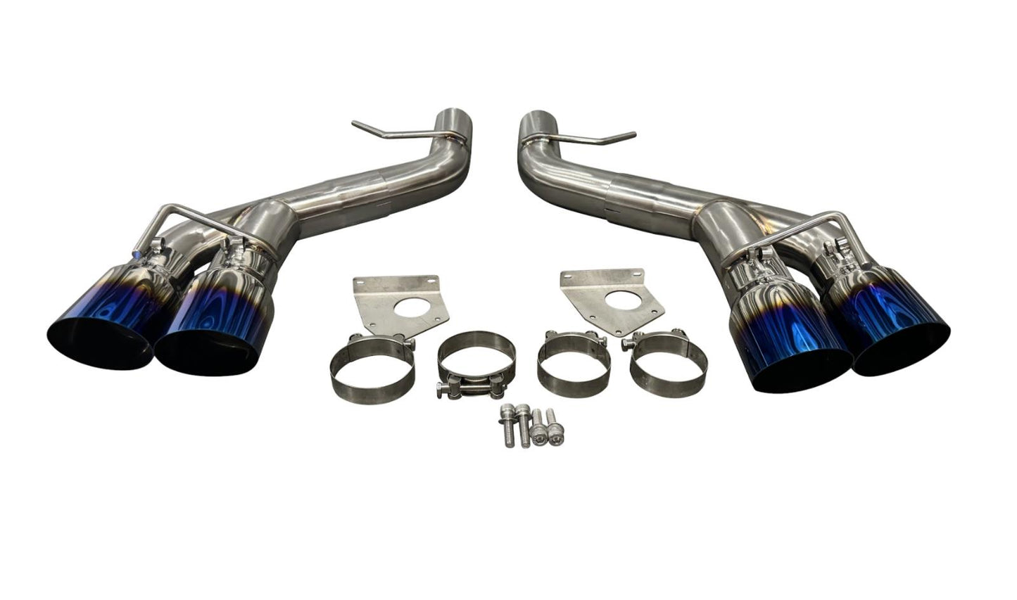 Stainless steel axle back delete muffler for Chevy Camaro SS ZL1 V8 2016-2023, by JackSpania Racing, showing exhaust pipe details.