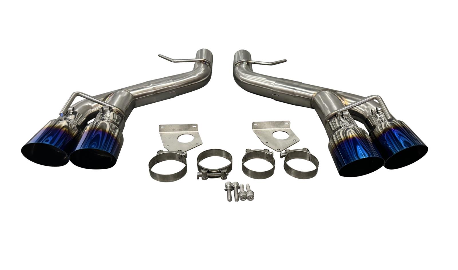 Stainless steel axle back delete muffler for Chevy Camaro SS ZL1 V8 2016-2023, by JackSpania Racing, showing exhaust pipe details.