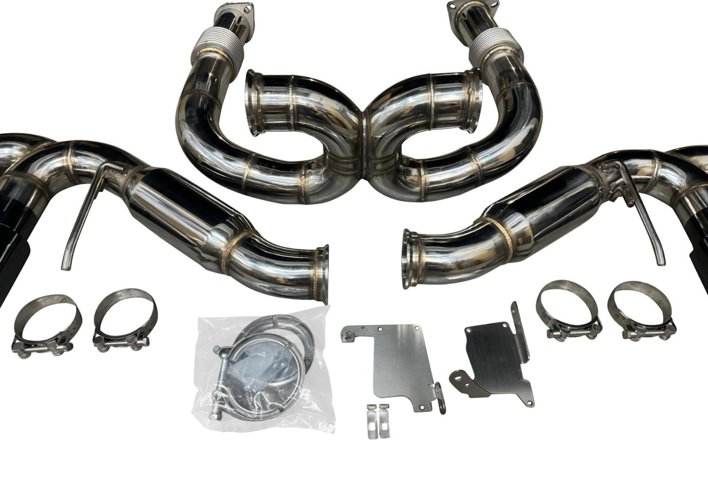 JackSpania Racing exhaust pipe for Chevrolet Corvette C8 2020+ 6.2L V8, 3-inch catback muffler system, viewed from the side.