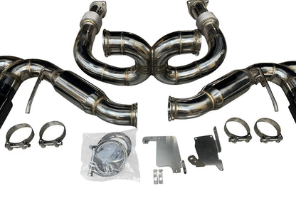 JackSpania Racing exhaust pipe for Chevrolet Corvette C8 2020+ 6.2L V8, 3-inch catback muffler system, viewed from the side.