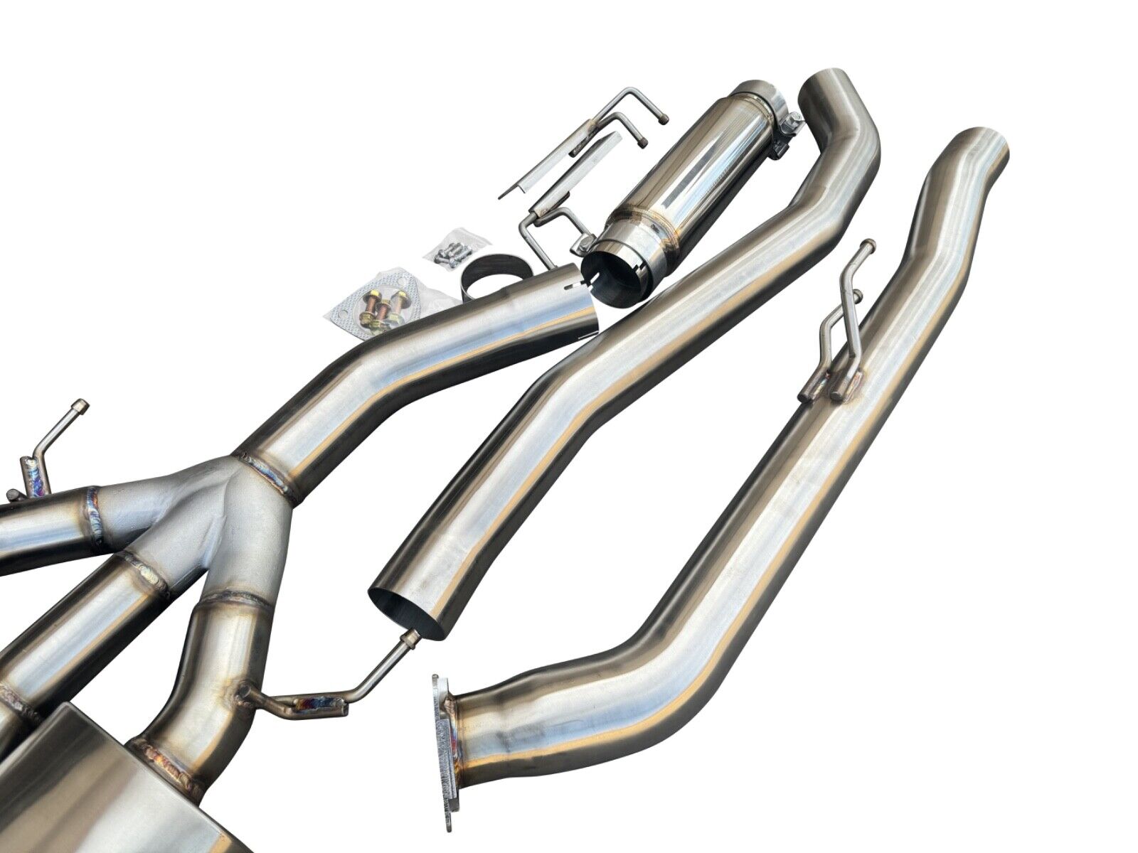 Stainless steel 3-inch catback exhaust muffler for Honda Civic FK8 Type R 2017+ by JackSpania Racing, showing the polished exhaust pipe.