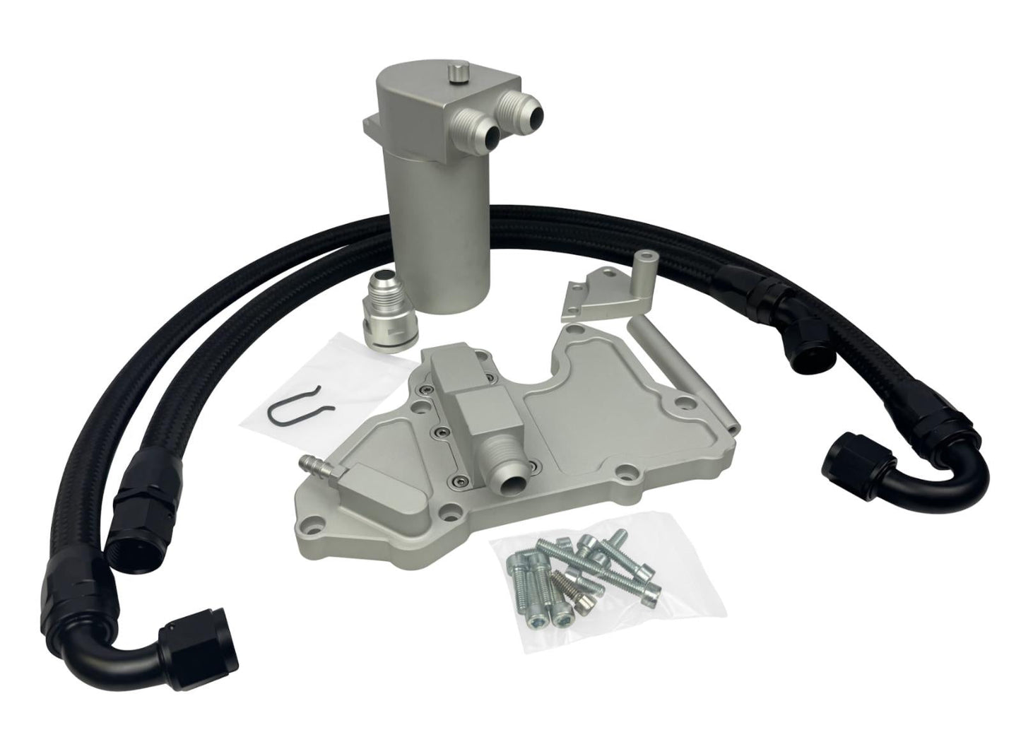 JackSpania Racing billet oil catch can for VW MK7 Golf GTI 1.8T TSI 2.0T turbo engine with breather hoses kit, metal engine part.