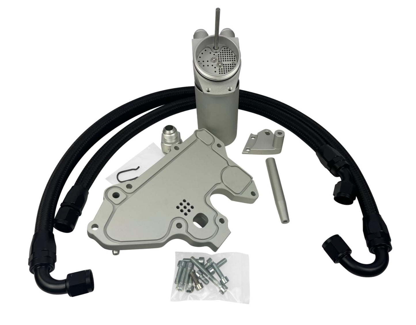 JackSpania Racing billet oil catch can for VW MK7 Golf GTI 1.8T TSI 2.0T turbo engine with breather hoses kit.