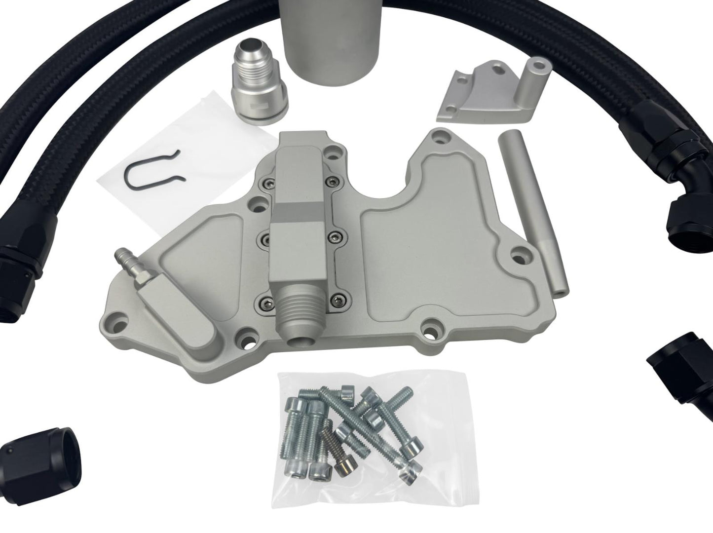 JackSpania Racing billet oil catch can for VW MK7 Golf GTI 1.8T TSI 2.0T engine, with breather hoses kit installed.