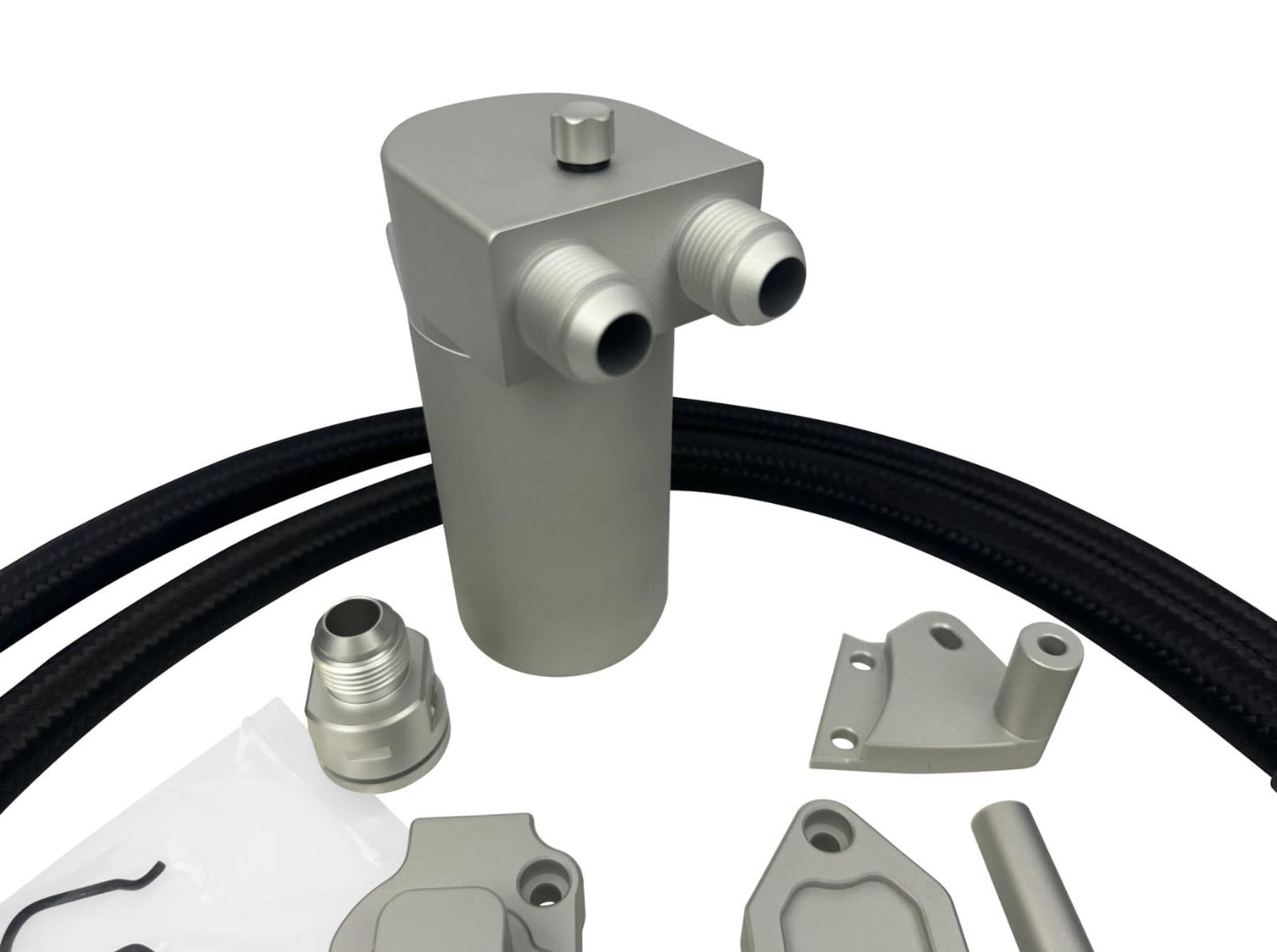 JackSpania Racing billet oil catch can with breather hoses for VW MK7 Golf GTI 1.8T TSI and 2.0T turbo engine.