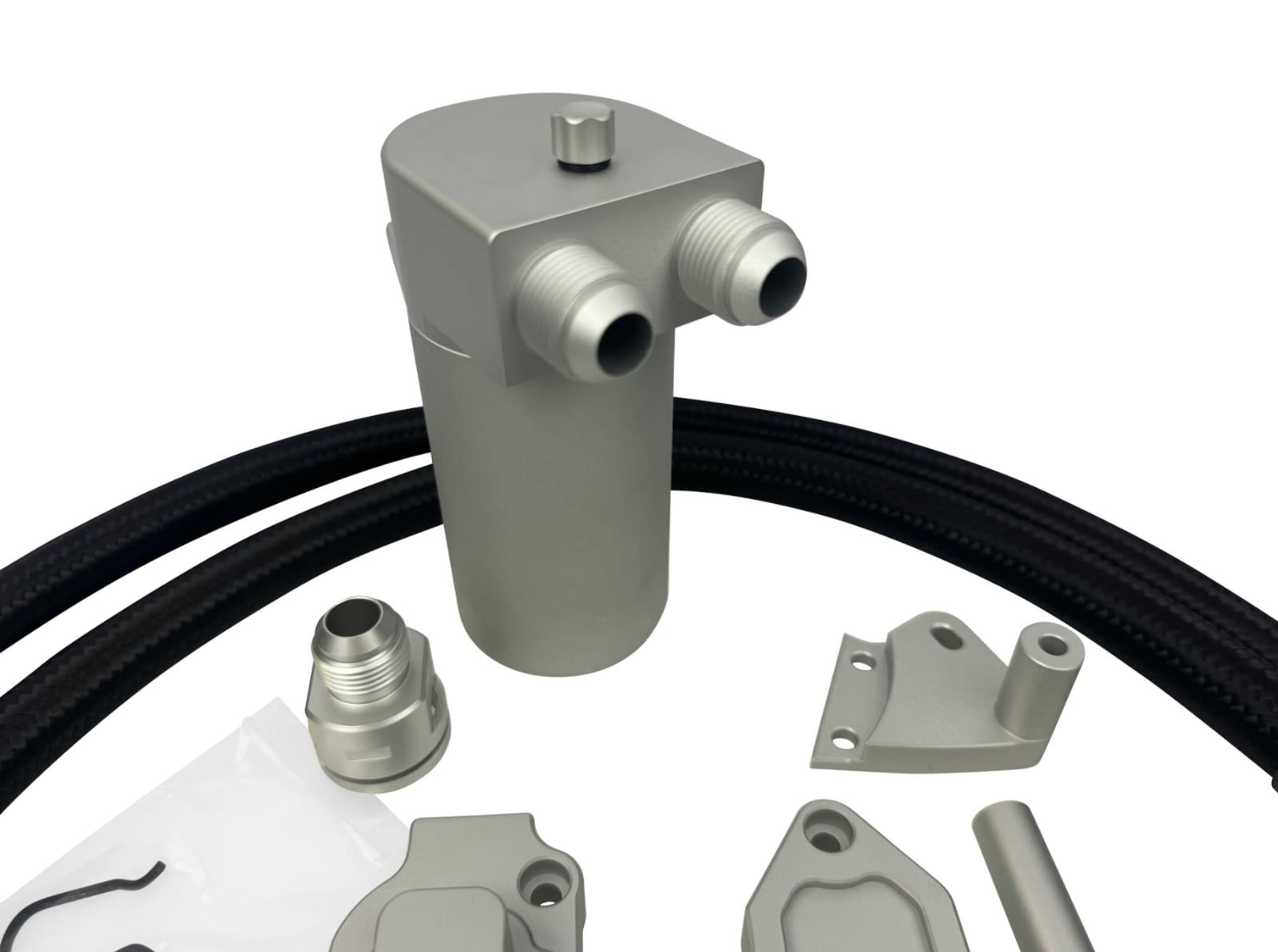 JackSpania Racing billet oil catch can with breather hoses for VW MK7 Golf GTI 1.8T TSI and 2.0T turbo engine.